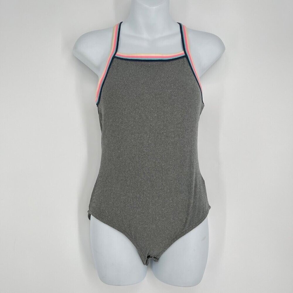 Epic Threads Bodysuit Women XL Pewter Heather Grey Rainbow Trim Ribbed Top